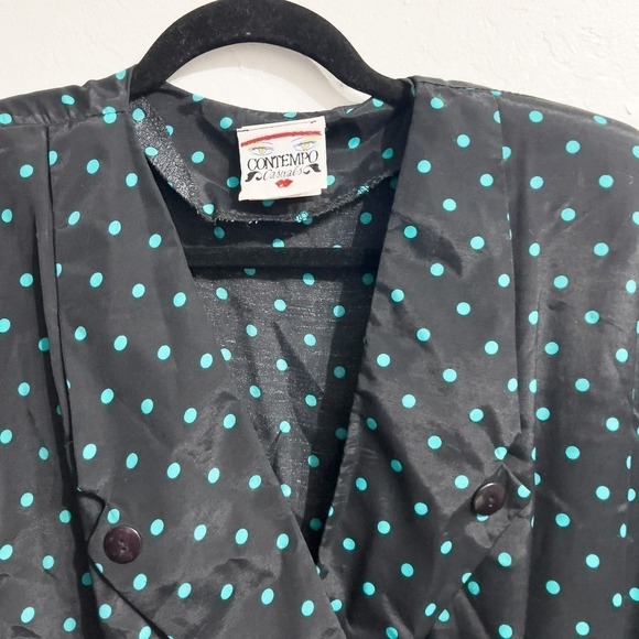 Vintage Contempo Casuals Retro Polka Dot Wrap Button Dress 9 Green Black 90s - Picture 5 of 10